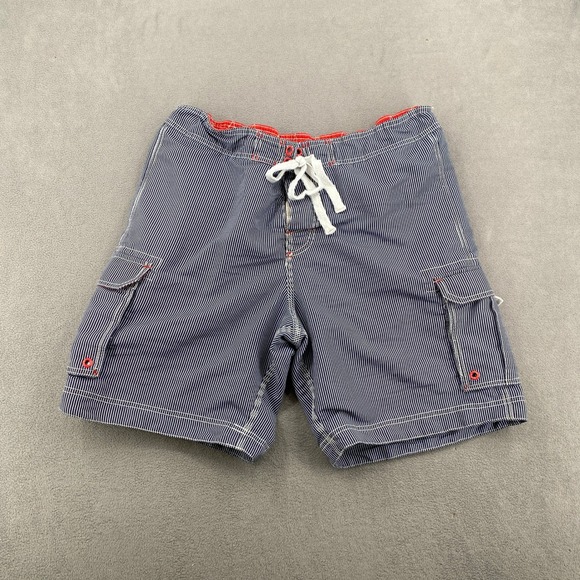 H&M Other - HM Mens Blue White Striped Cargo Swim Trunks Size L Board Shorts Red Accents